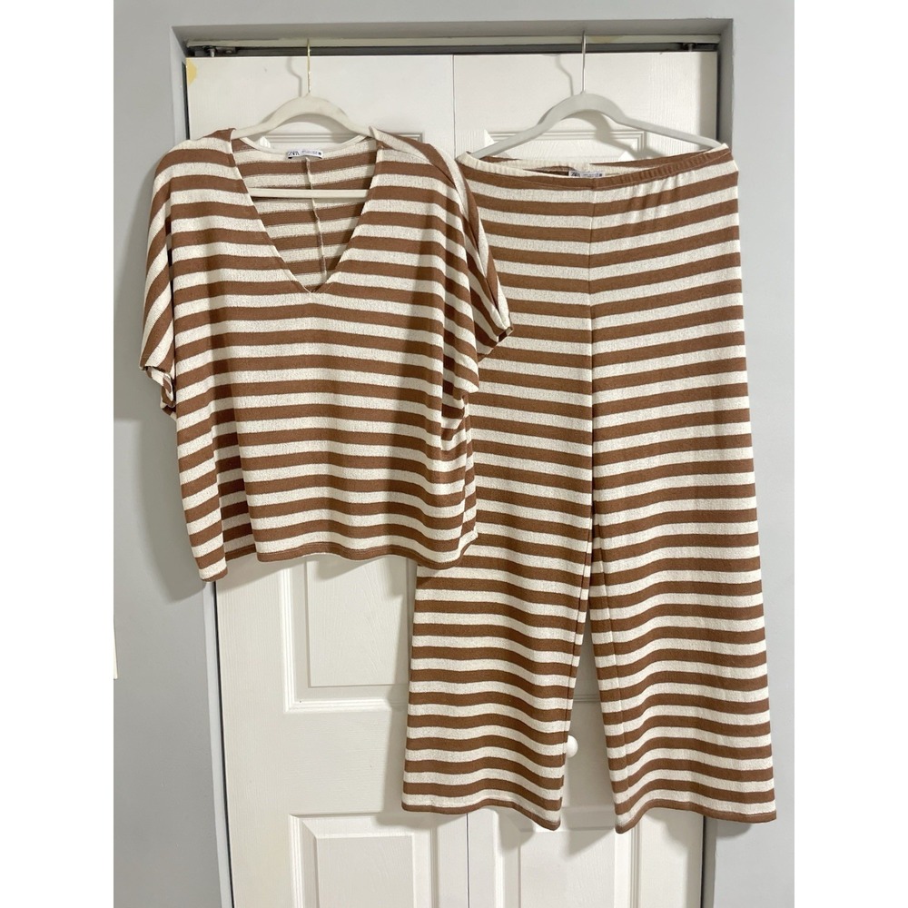 Zara Knit Woven 2 Pc Striped Set Top Pants Brown Cream Women Size S